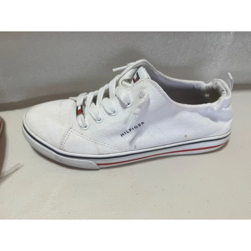 Tommy Hilfiger Womens White Canvas Low Top Sneakers Flag Logo Size 9